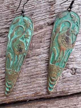 Vintage Patina Crane Teardrop Earrings - Green and Brass Tones